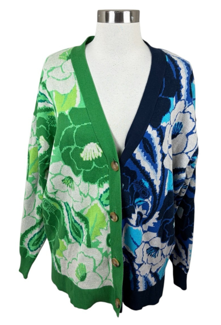 Farm Rio Blue and Green Floral Button Cardigan Sweater Size Small